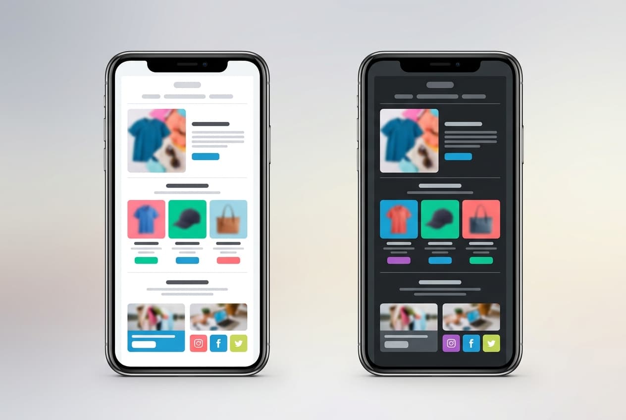 Side-by-side comparison of a DTC email in light mode versus dark mode on mobile phones