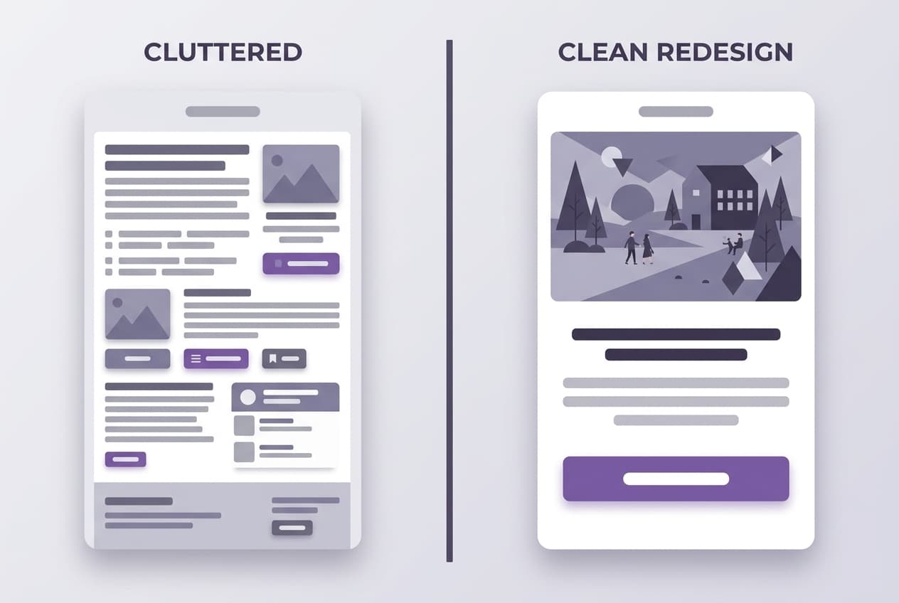 Before and after comparison of DTC email design showing cluttered versus clean layout