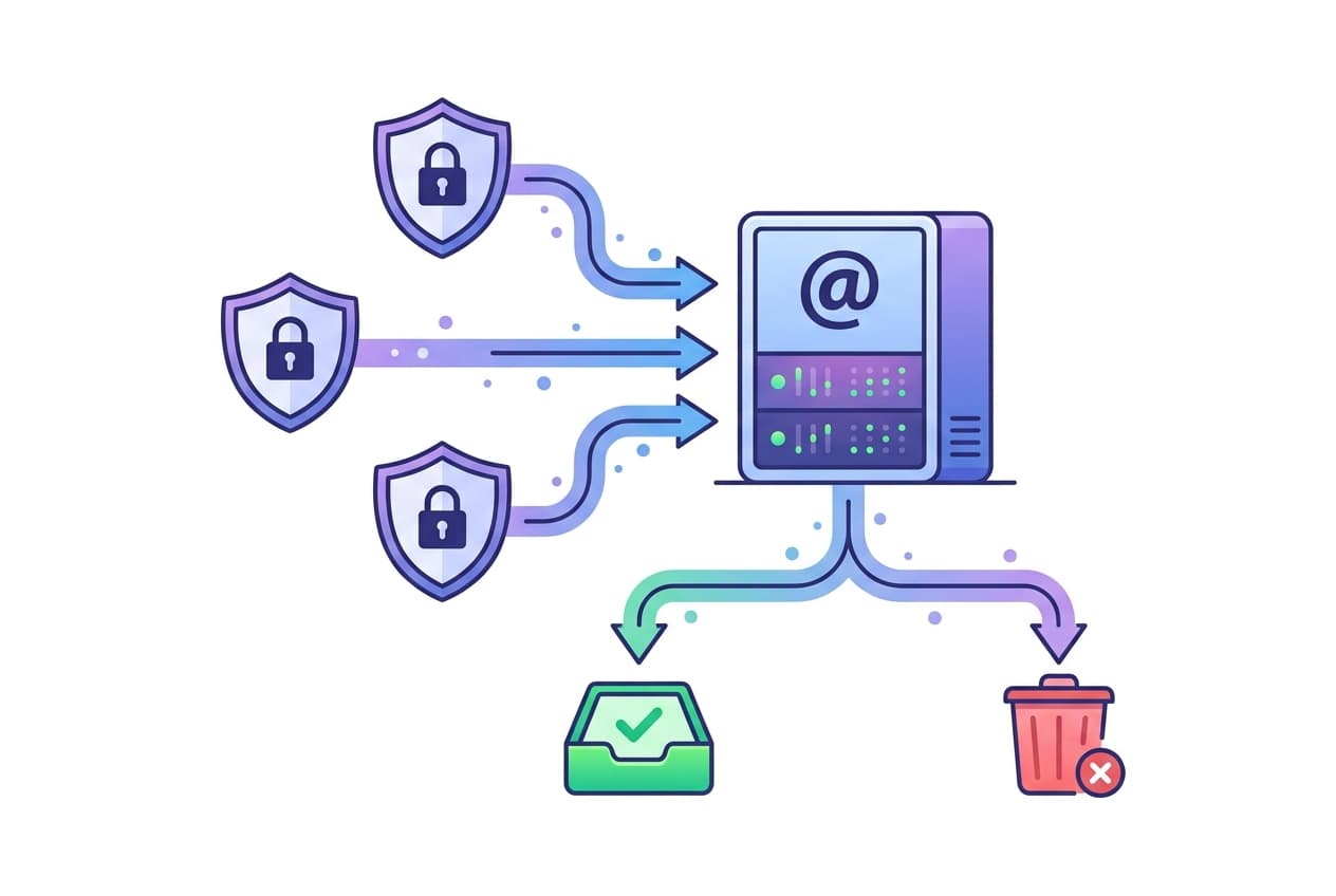 Diagram showing SPF, DKIM, and DMARC email authentication flow from sender to inbox