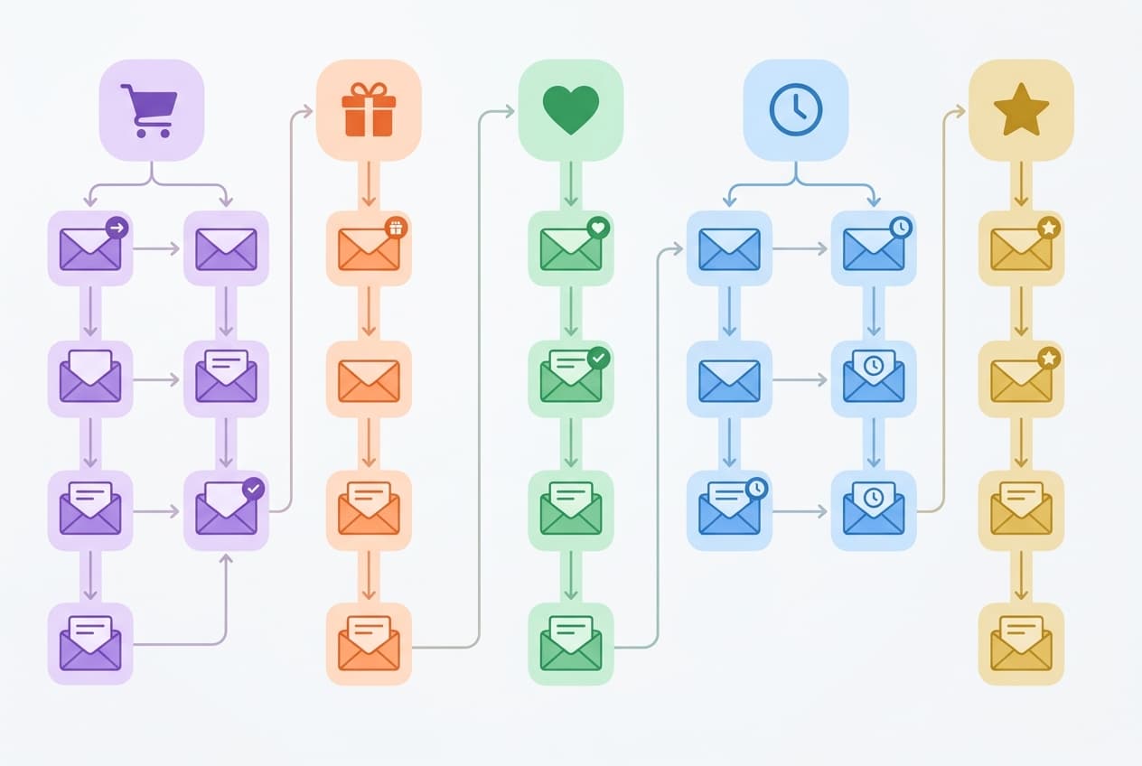 Diagram showing five essential DTC email automation flows with triggers and sequences